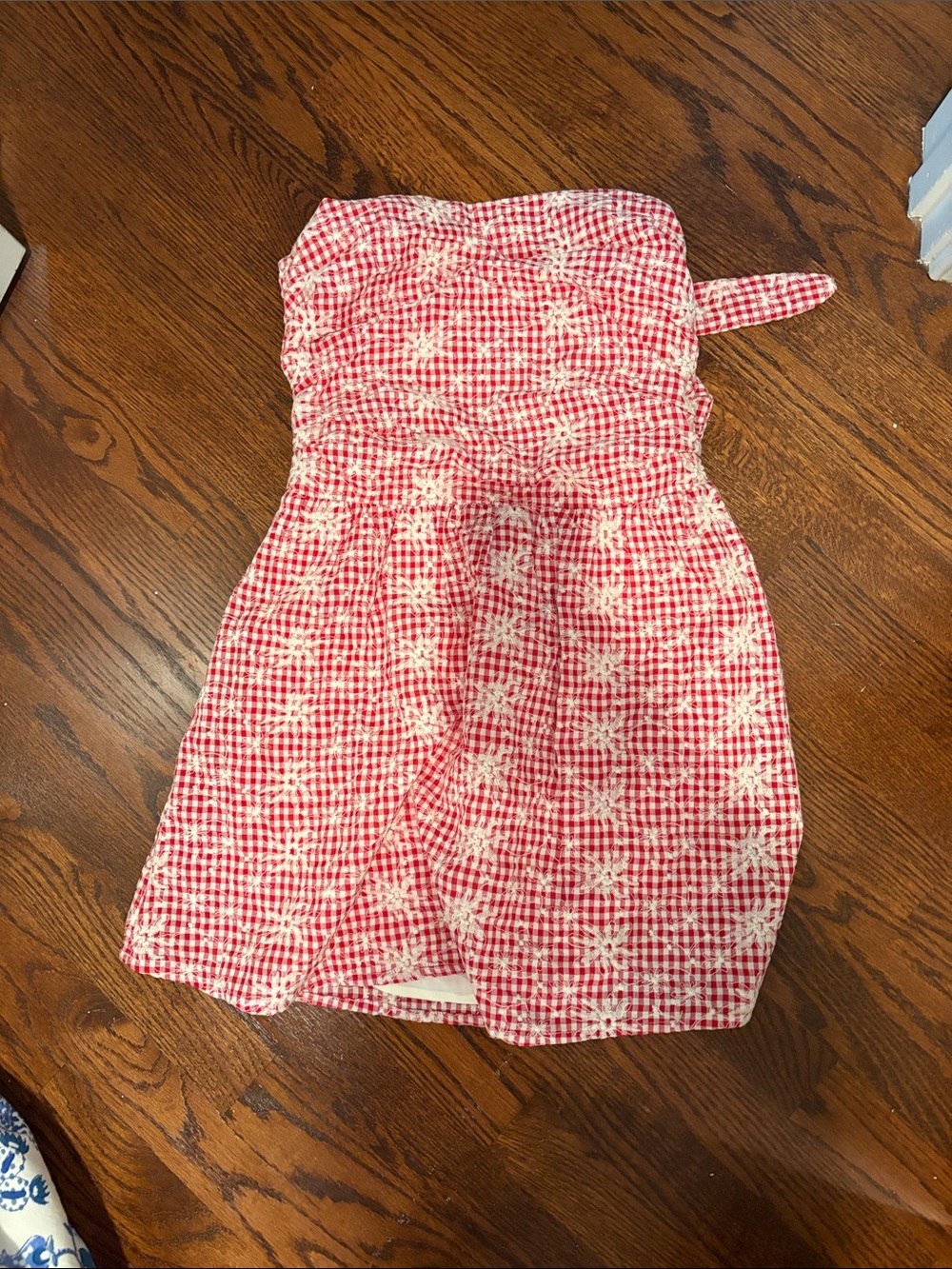 Red Checkered Strapless Dress with Floral Embroidery